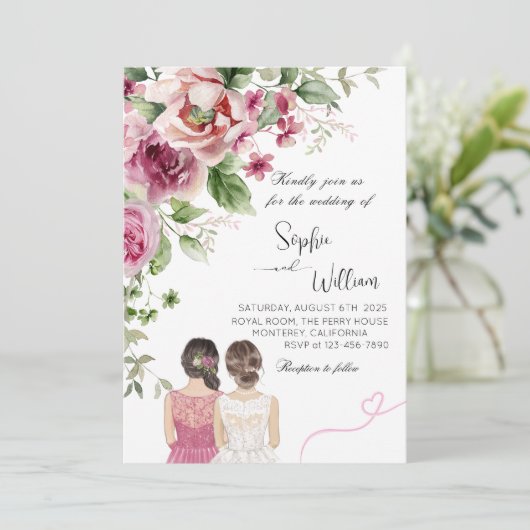 Elegante pioen en Roos bloemenbruiloft Kaart (Staand voorkant)