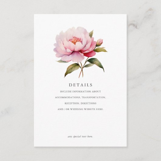 Elegante Pioen Magnolia Roze Bloemen Bruiloft Deta Informatiekaartje (Voorkant)