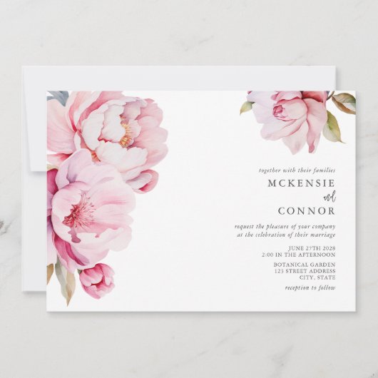 Elegante Pioen Magnolia Roze Bloemen Bruiloft Kaart (Voorkant)