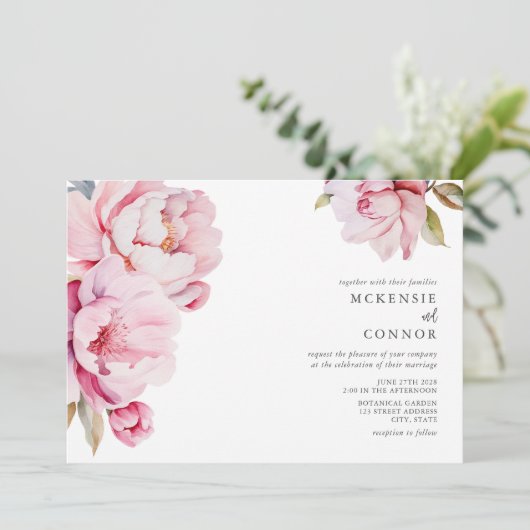 Elegante Pioen Magnolia Roze Bloemen Bruiloft Kaart (Staand voorkant)