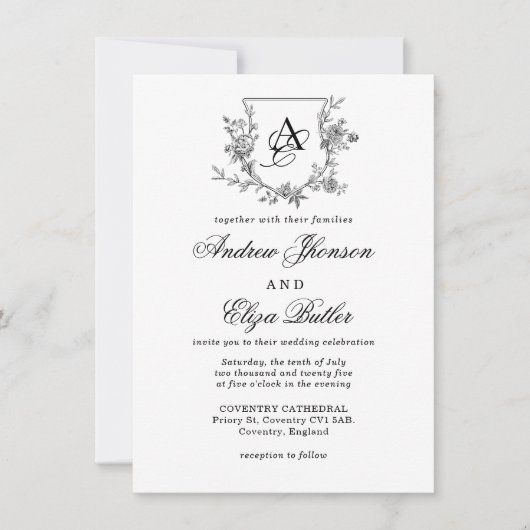 Elegante Pioen Monogram Crest Uitnodiging (Voorkant)