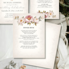 Elegante Pioen Roze Bloemen Vintage Bruiloft Menu Kaart