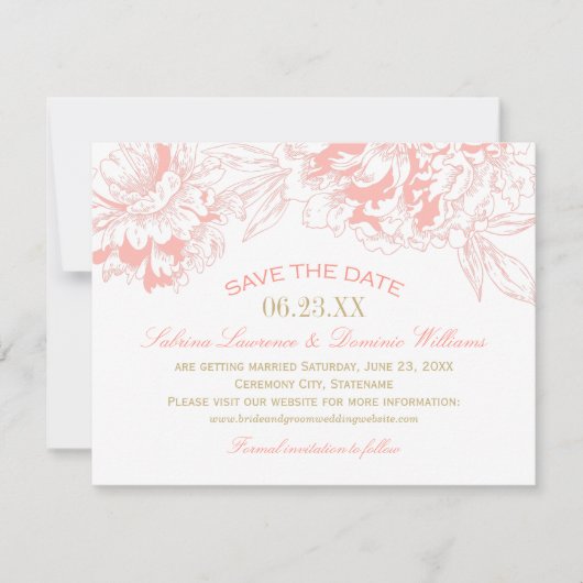 Elegante pioen trouw coral en goud save the date (Voorkant)