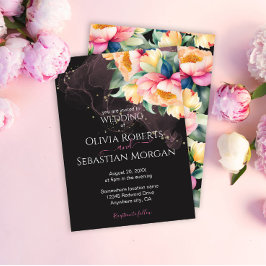 Elegante Pioen Waterverf op Zwart | Bruiloft Kaart