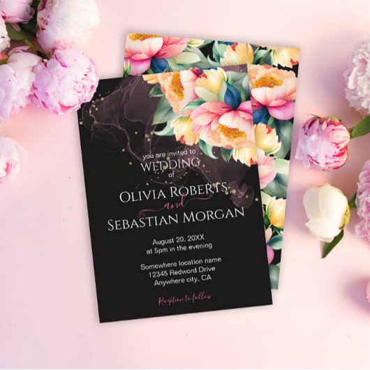 Elegante Pioen Waterverf op Zwart | Bruiloft Kaart