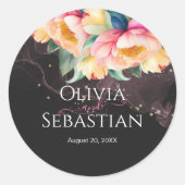 Elegante Pioen Waterverf op Zwart | Bruiloft Ronde Sticker (Voorkant)
