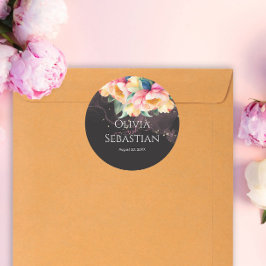 Elegante Pioen Waterverf op Zwart | Bruiloft Ronde Sticker