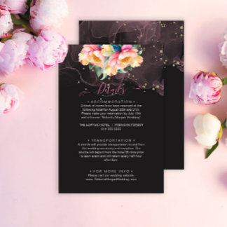 Elegante Pioen Waterverf op Zwart | Bruiloft RSVP Informatiekaartje