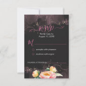 Elegante Pioen Waterverf op Zwart | Bruiloft RSVP Kaartje (Voorkant)