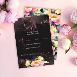 Elegante Pioen Waterverf op Zwart | Bruiloft RSVP Kaartje