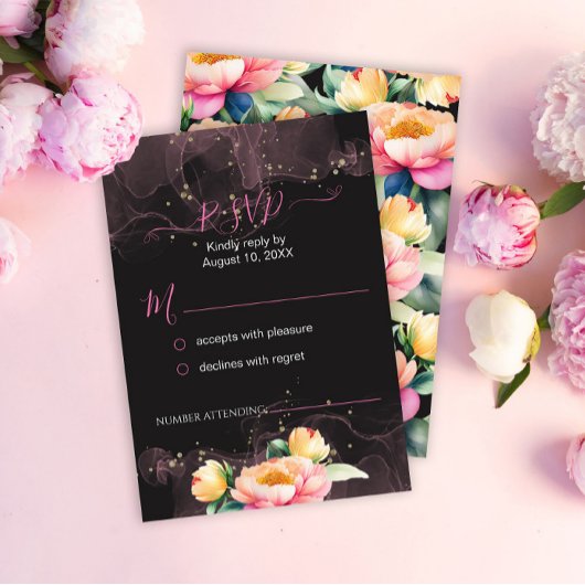 Elegante Pioen Waterverf op Zwart | Bruiloft RSVP Kaartje