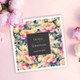 Elegante Pioen Waterverf op Zwart | Bruiloft Servet