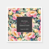 Elegante Pioen Waterverf op Zwart | Bruiloft Servet (Voorkant)