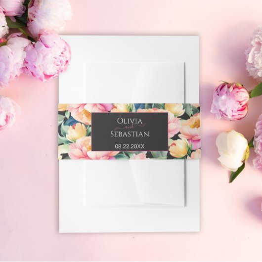 Elegante Pioen Waterverf op Zwart | Bruiloft Uitnodigingen Wikkel