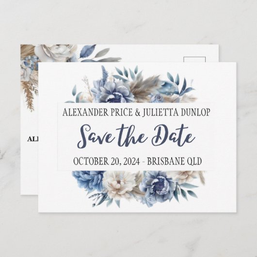 Elegante pioenen, rozen & pampa's - Save the date Briefkaart (Voorkant / Achterkant)
