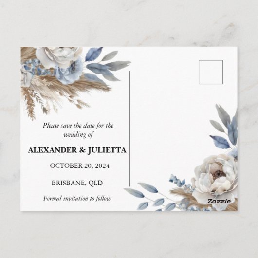 Elegante pioenen, rozen & pampa's - Save the date Briefkaart (Achterkant)