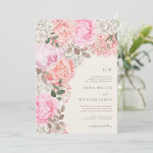 Elegante pioenenbruiloft kaart (Staand voorkant)