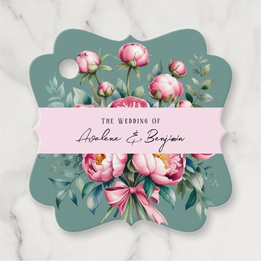 Elegante pioenroos boeket in Waterverf bruiloft Bedankjes Labels (Voorkant)