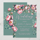 Elegante pioenroos boeket in Waterverf bruiloft Kaart (Voorkant / Achterkant)