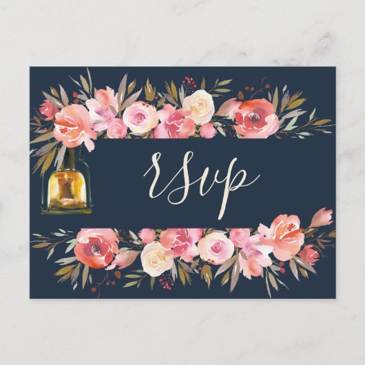 Elegante Pioenrozen Rustieke Lantaarns Marine Kora Uitnodiging Briefkaart (Voorkant)