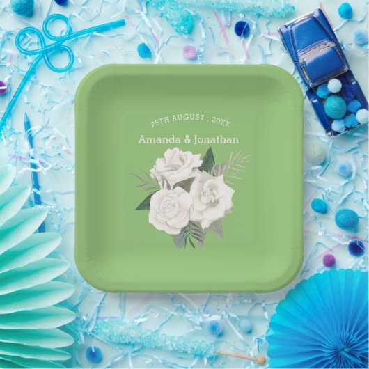 Elegante Pistache Groen en Witte Rozen Bruiloft Papieren Bordje (Feest)