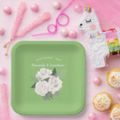 Elegante Pistache Groen en Witte Rozen Bruiloft Papieren Bordje (Feest)