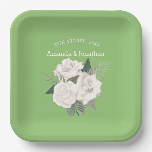 Elegante Pistache Groen en Witte Rozen Bruiloft Papieren Bordje (Voorkant)