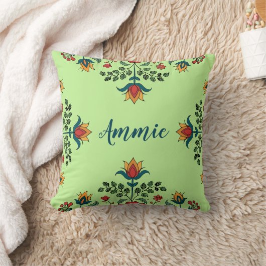 Elegante Pistachio Groene Bloemen Aangepaste Naam Kussen (Deken)