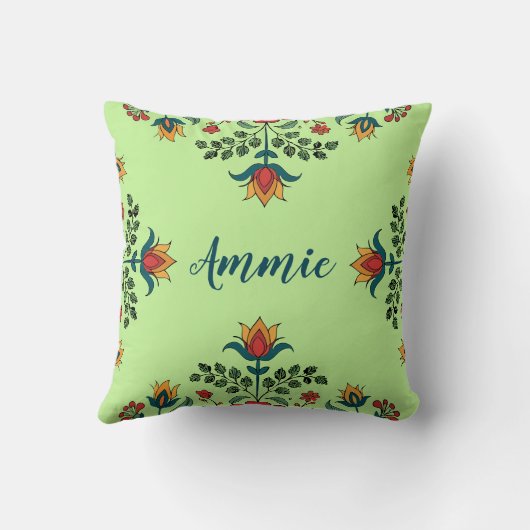 Elegante Pistachio Groene Bloemen Aangepaste Naam Kussen (Achterkant)