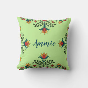 Elegante Pistachio Groene Bloemen Aangepaste Naam Kussen