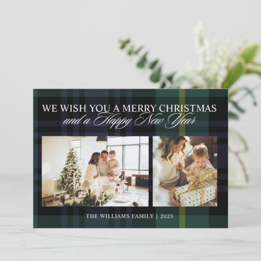 Elegante  Plaid 2 Foto Kerst Feestdagenkaart (Staand voorkant)