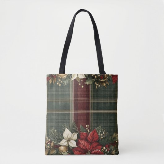 Elegante Plaid & Poinsettia Kerstvakantie Tote Bag (Voorkant)