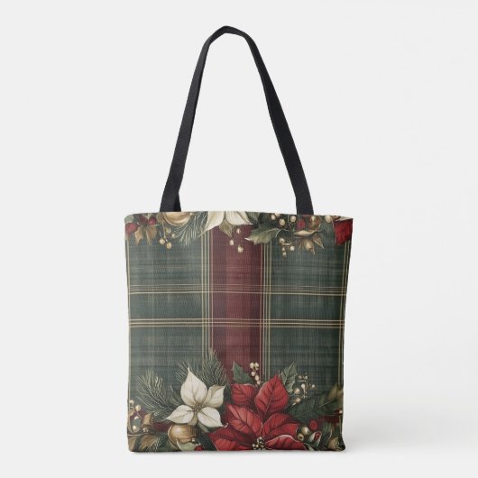 Elegante Plaid & Poinsettia Kerstvakantie Tote Bag (Achterkant)