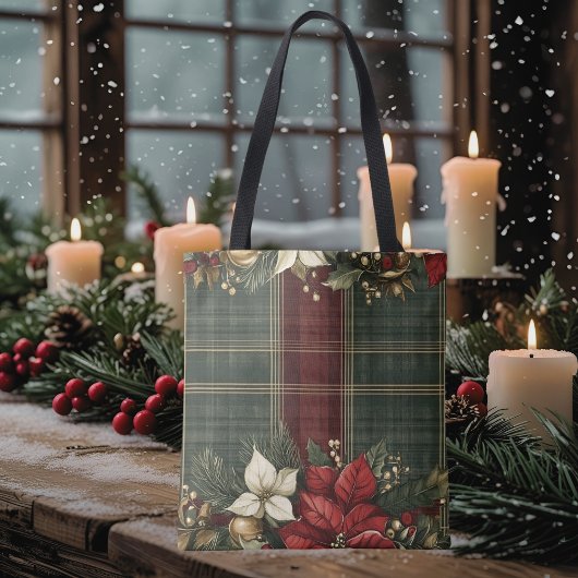 Elegante Plaid & Poinsettia Kerstvakantie Tote Bag