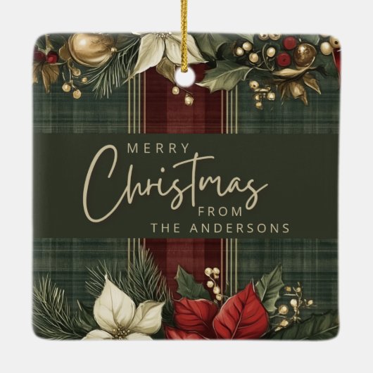 Elegante Plaid Poinsettia Naam Vrolijk Kerstfeest Keramisch Ornament (Achterkant)