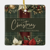 Elegante Plaid Poinsettia Naam Vrolijk Kerstfeest Keramisch Ornament (Voorkant)
