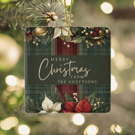 Elegante Plaid Poinsettia Naam Vrolijk Kerstfeest Keramisch Ornament