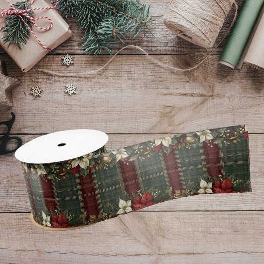 Elegante Plaid & Poinsettias Kerstvakantie Satijnen Lint