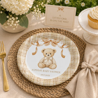 Elegante Plaid Teddybeer Neutrale Baby Shower Papieren Bordje