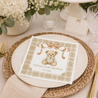 Elegante Plaid Teddybeer Neutrale Baby Shower Servet