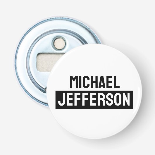 Elegante Plain Zwart Wit Gepersonaliseerde Custom Button Flesopener (Voorkant)