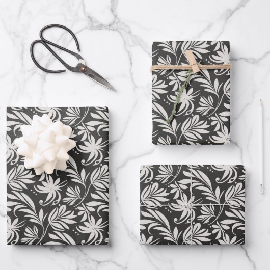 Elegante Planten Kruiden Patroon Bloemen Zwart Wit Inpakpapier Vel (Voorkant)