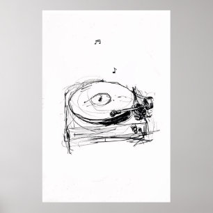 Elegante Platenspeler met Notes Sketch - Premium Poster