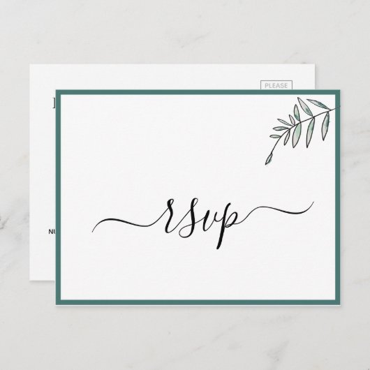 Elegante platte moderne botanische groene RSVP Uitnodiging Briefkaart (Voorkant / Achterkant)