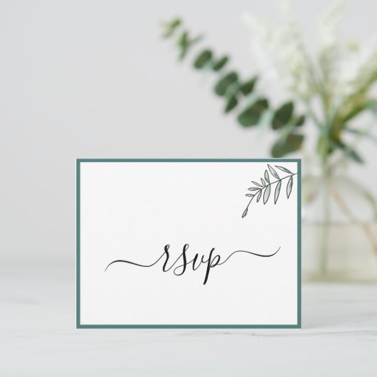 Elegante platte moderne botanische groene RSVP Uitnodiging Briefkaart (Staand voorkant)
