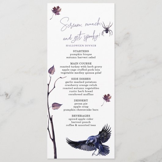 Elegante Plum & Black Crow Halloween Feestdiner Menu (Voorkant)
