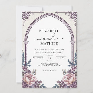 Elegante Plum Botanische Boog Bloemen Huwelijk Kaart