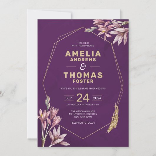 Elegante Plum en Goud Geometrische Bloemen Huwelij Kaart (Voorkant)