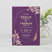Elegante Plum en Goud Geometrische Bloemen Huwelij Kaart (Staand voorkant)