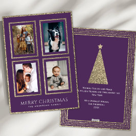 Elegante Plum en Gouden Kerst Fotocollage Feestdagenkaart